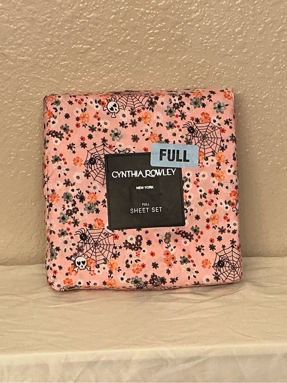 Cynthia Rowley Halloween Pink Floral Spiderwebs & Skulls Full Sheet Set